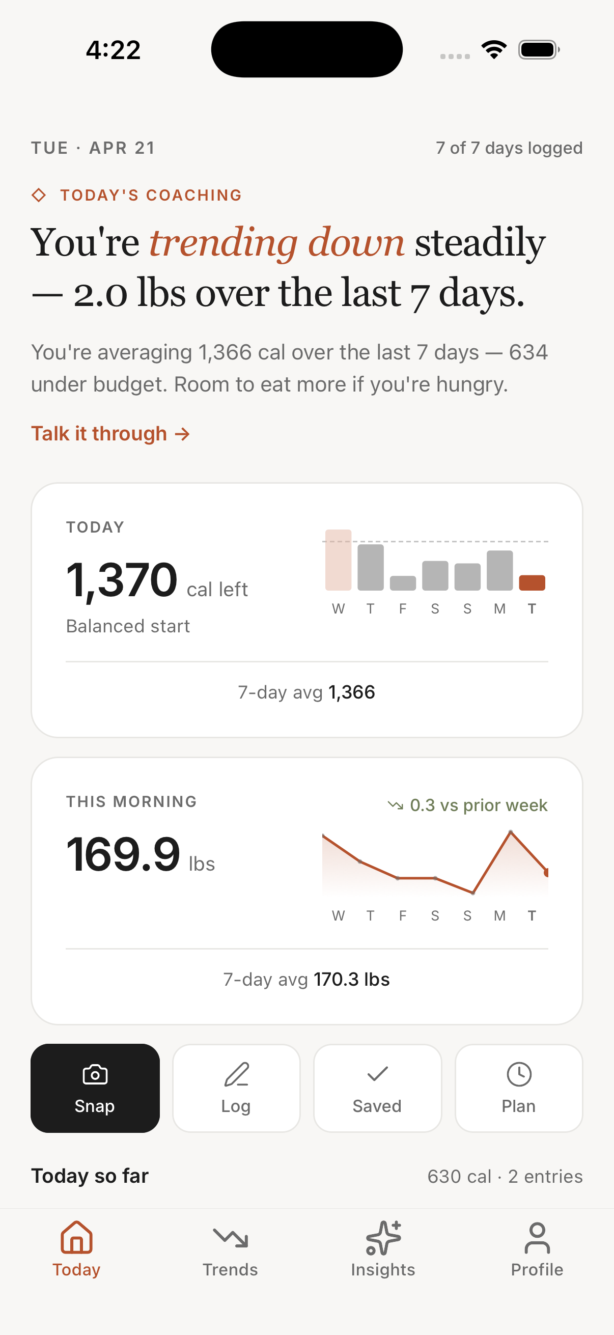 Mycro app — Today screen showing a trending-down 7-day weight average and remaining calorie budget.